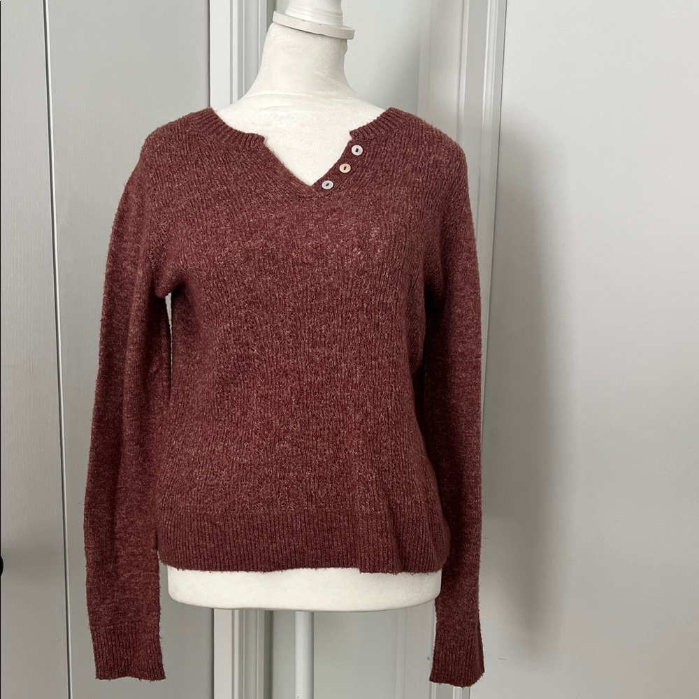 Market & Spruce Rusted Rose V-Neck Sweater with Button Detail